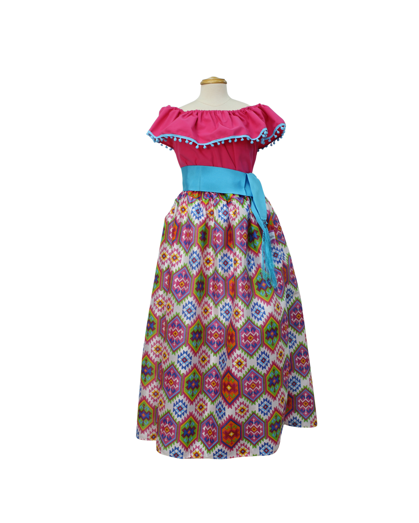 SET FALDA ADELITA CUADROS BLUSA CAMPESINA ROSA POMPON AZUL