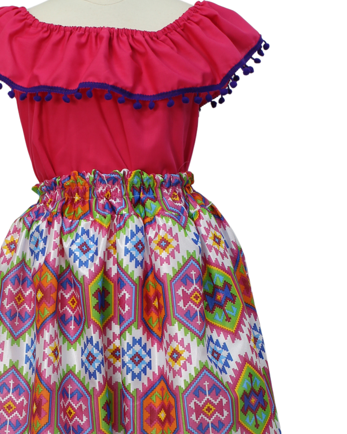 SET FALDA ADELITA CUADROS BLUSA CAMPESINA ROSA POMPON MARINO