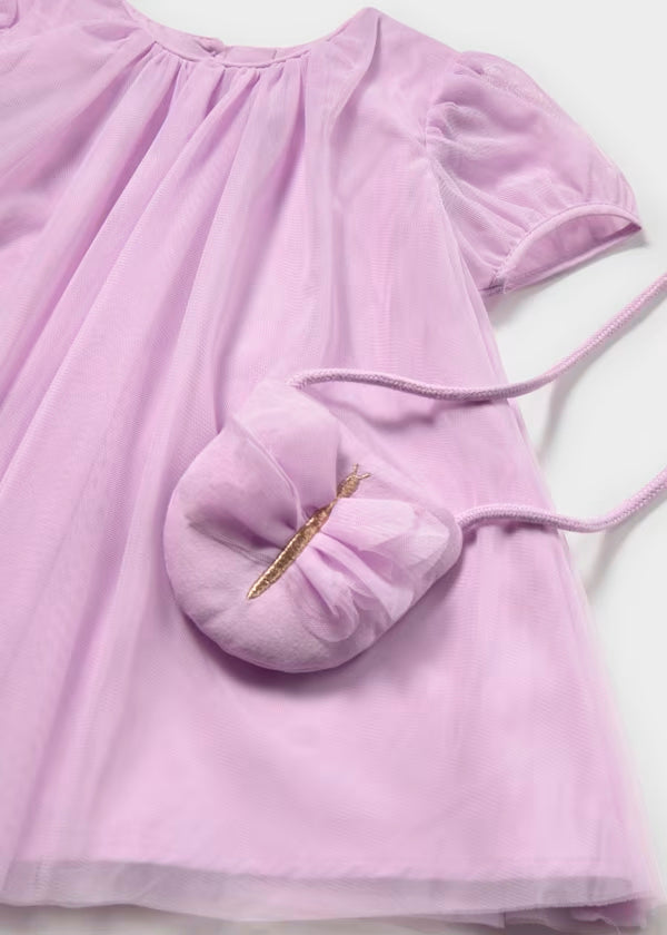 Vestido tul color malva con bolso mariposa