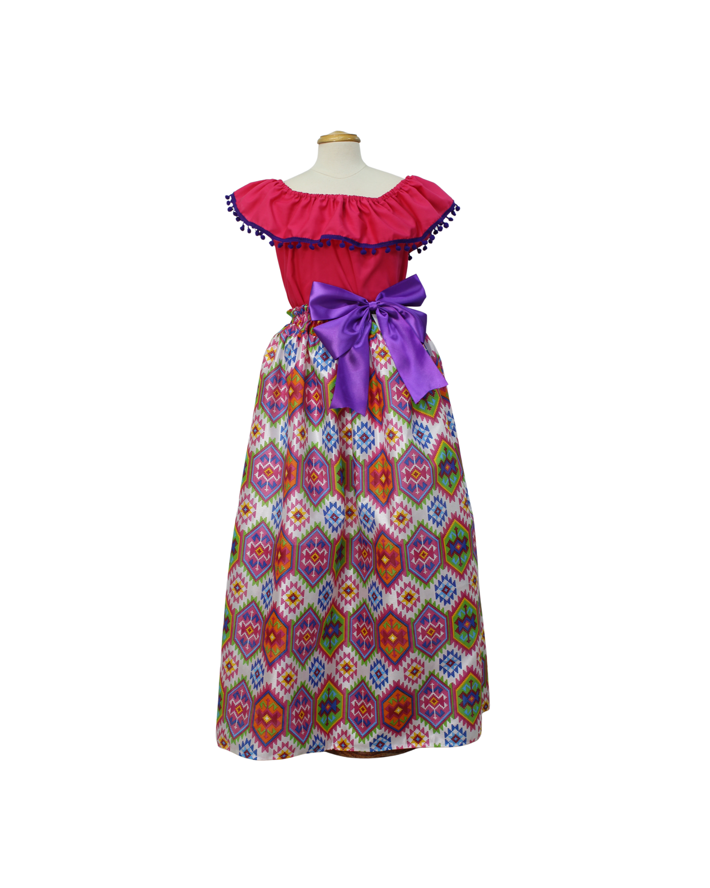SET FALDA ADELITA CUADROS BLUSA CAMPESINA ROSA POMPON MARINO