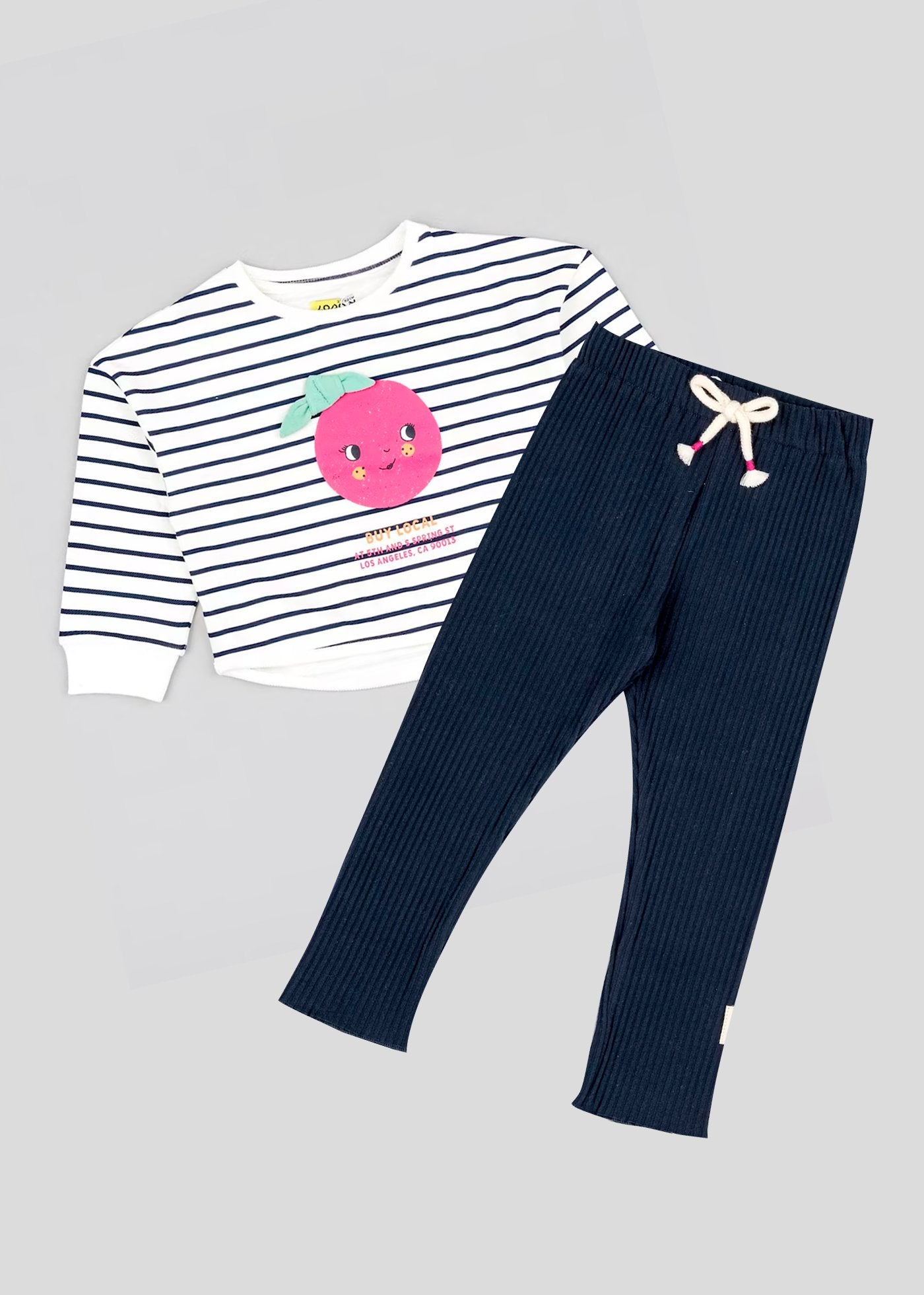 set suéter ligero a rayas print naranja rosa con leggins azul marino, marca losan