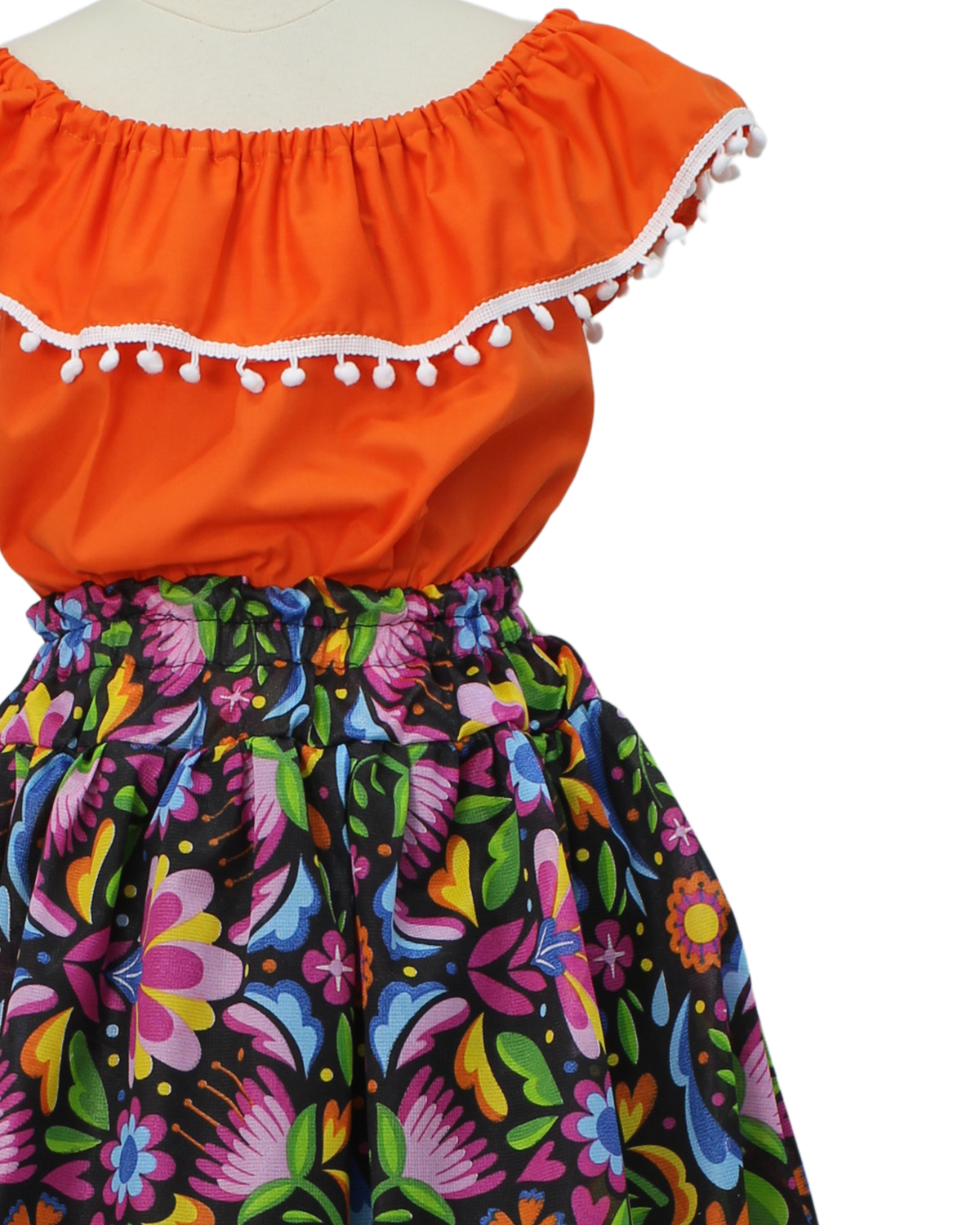 SET FALDA ADELITA FLORES BLUSA CAMPESINA NARANJA POMPON BLANCO