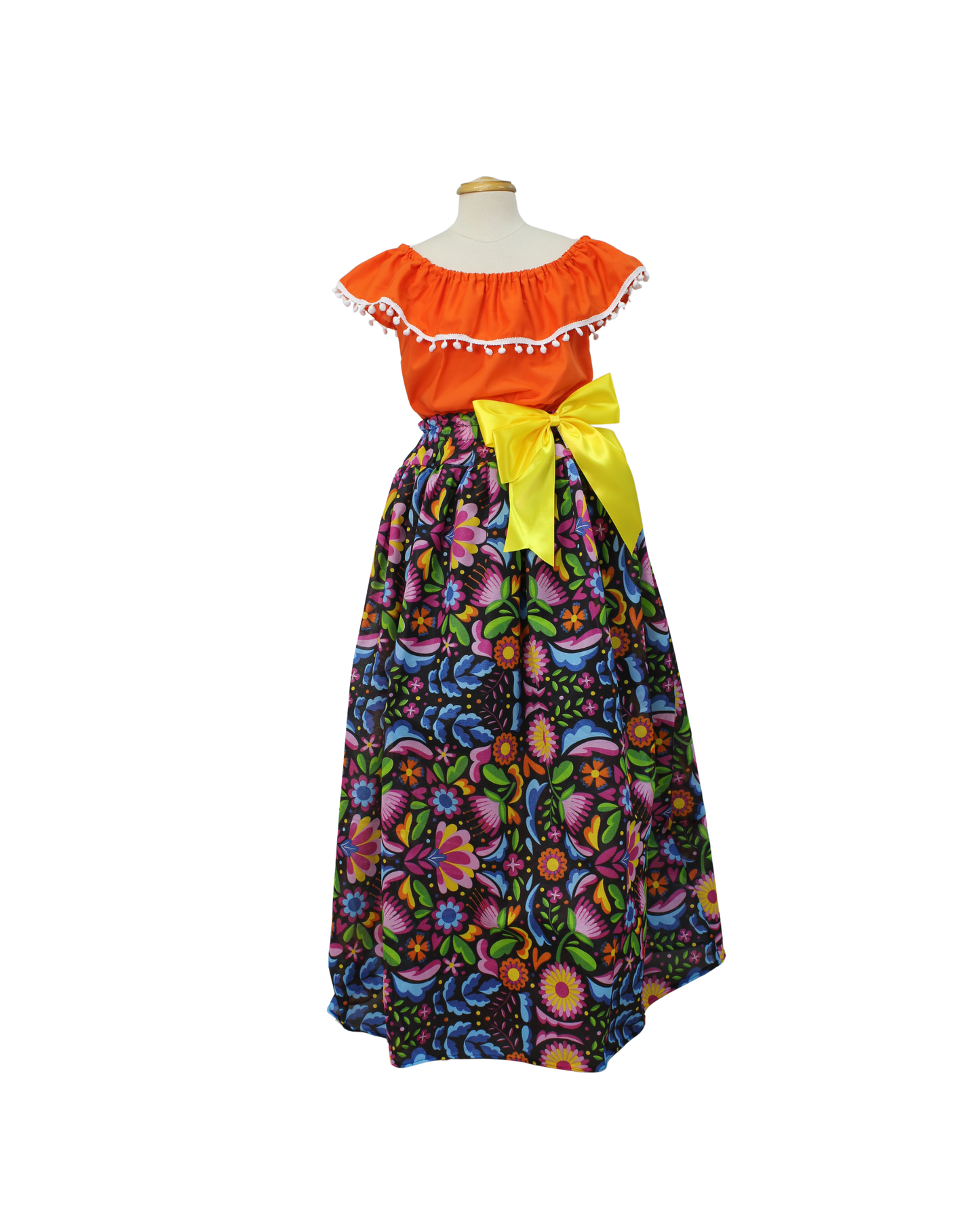 SET FALDA ADELITA FLORES BLUSA CAMPESINA NARANJA POMPON BLANCO