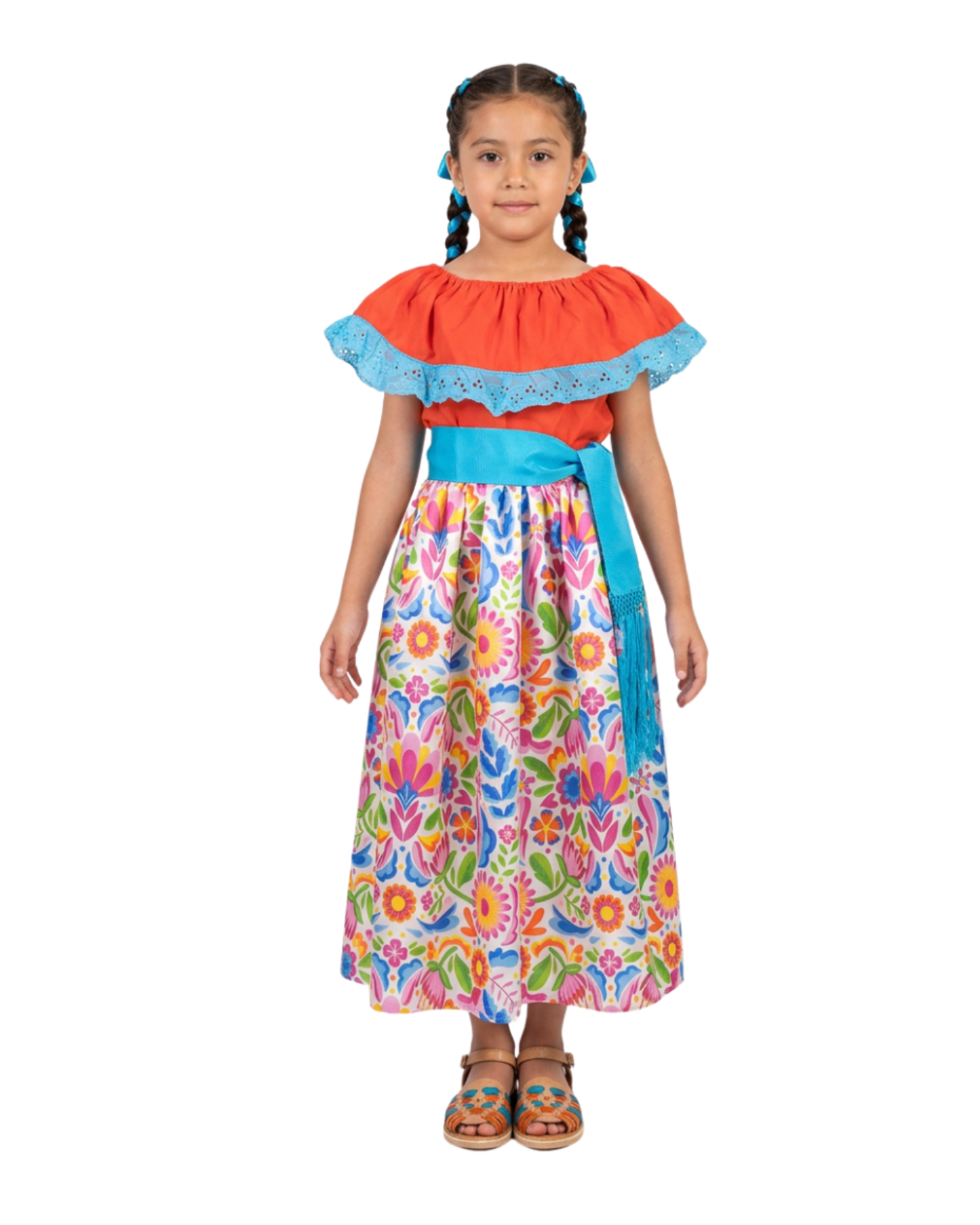 SET FALDA ADELITA FLORES BLUSA CAMPESINA NARANJA ENCAJE AZUL