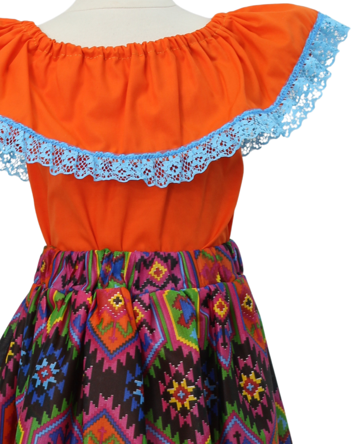 SET FALDA ADELITA CUADROS BLUSA CAMPESINA NARANJA ENCAJE AZUL