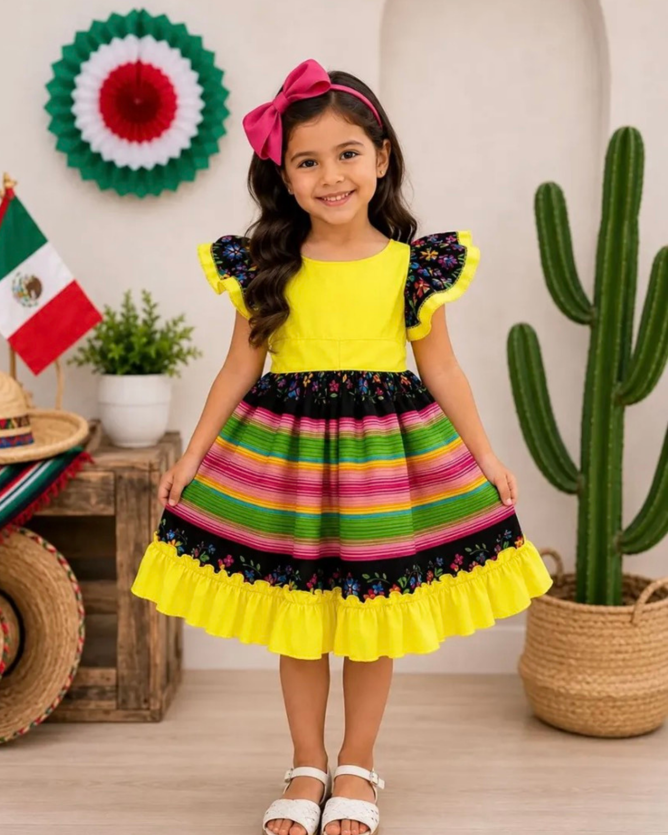 VESTIDO ADELITA TIPICO PATRIO ELEGANTE PETO AMARILLO NOEN FALDA RAYAS NEGRO