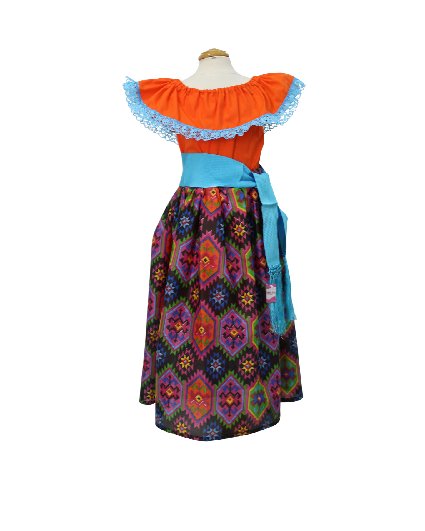 SET FALDA ADELITA CUADROS BLUSA CAMPESINA NARANJA ENCAJE AZUL