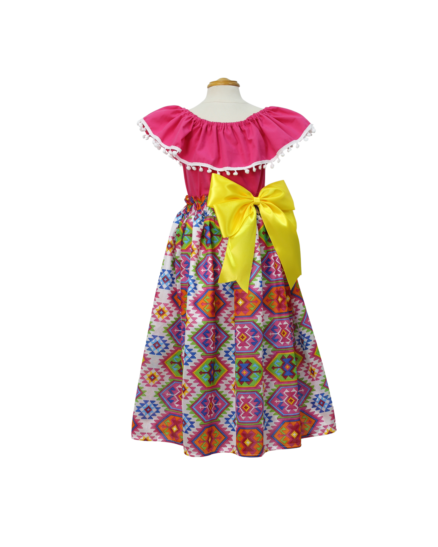 SET FALDA ADELITA CUADROS BLUSA CAMPESINA ROSA POMPON BLANCO