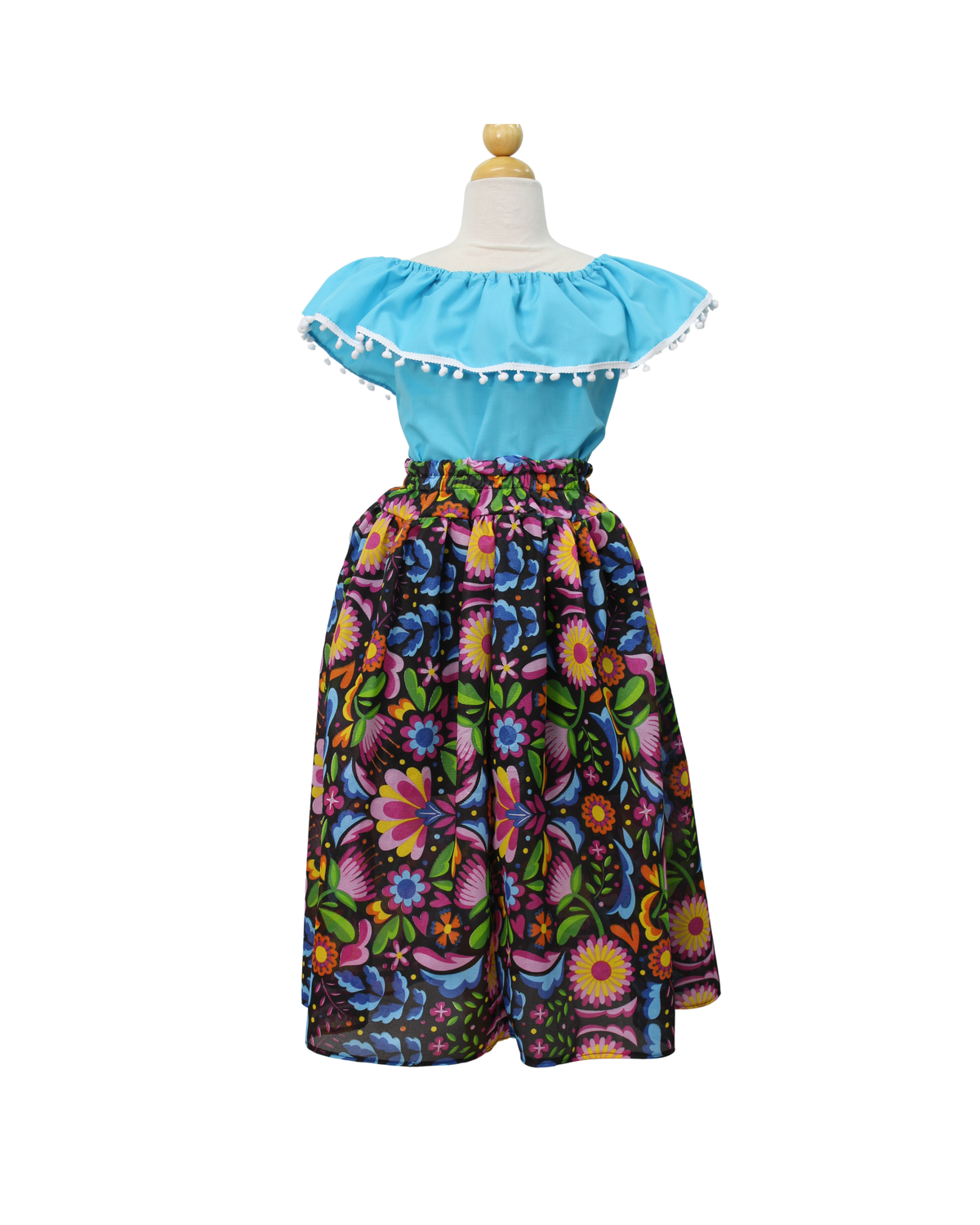 SET FALDA ADELITA FLORES BLUSA CAMPESINA AZUL POMPON BLANCO