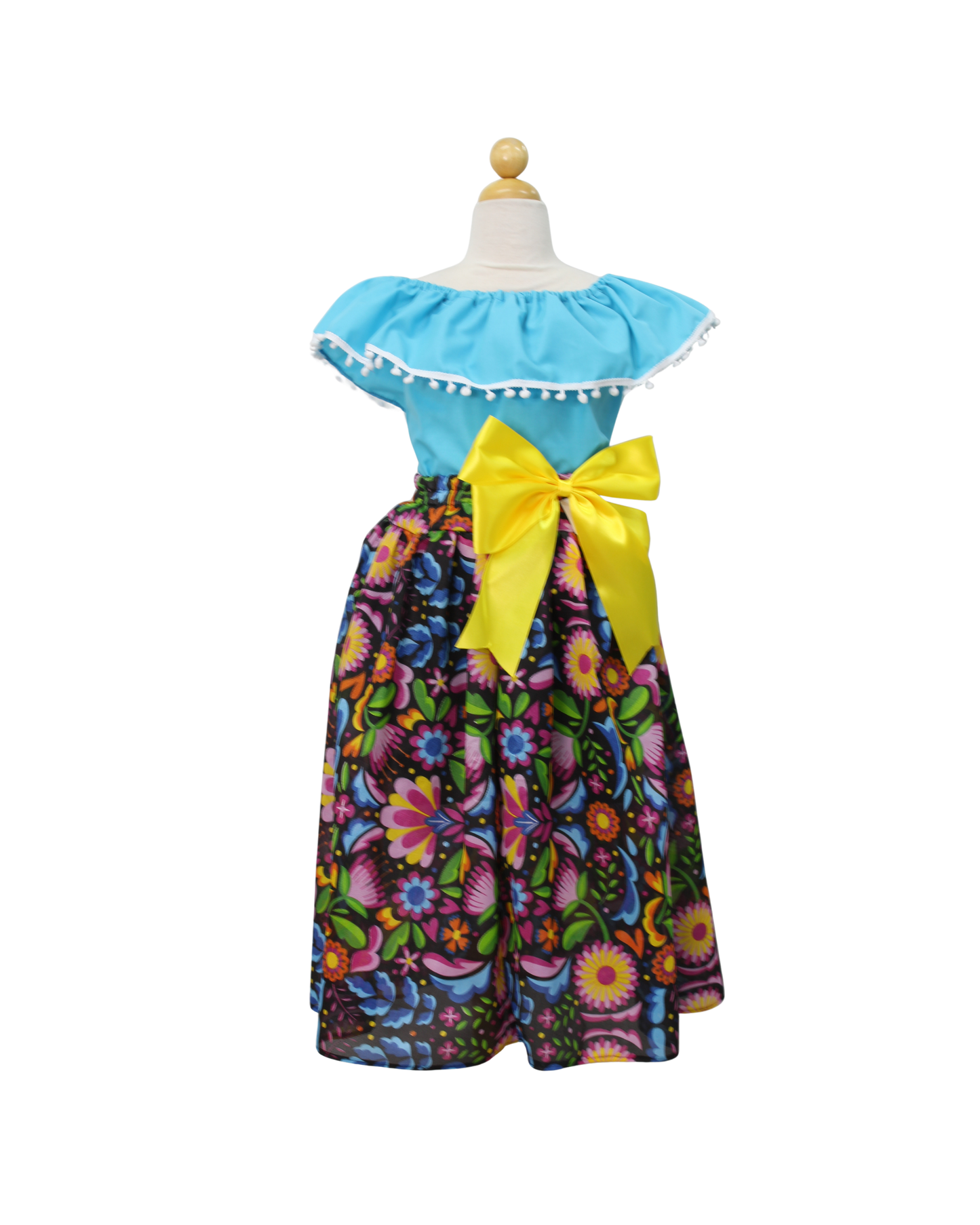 SET FALDA ADELITA FLORES BLUSA CAMPESINA AZUL POMPON BLANCO