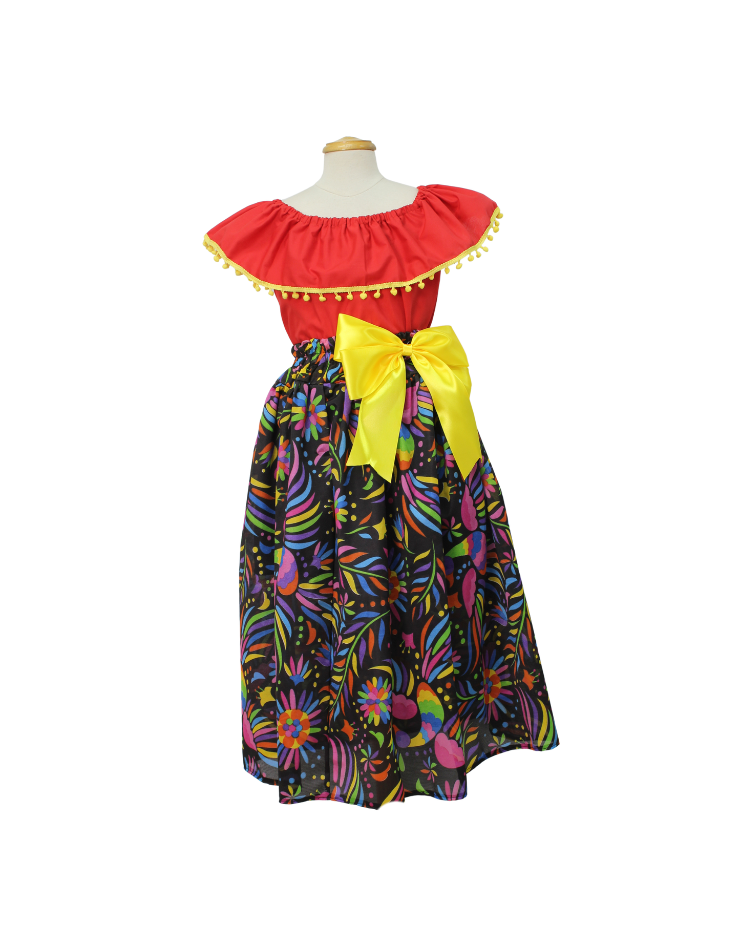 SET FALDA ADELITA FLORES BLUSA CAMPESINA ROJA POMPON AMARILLO