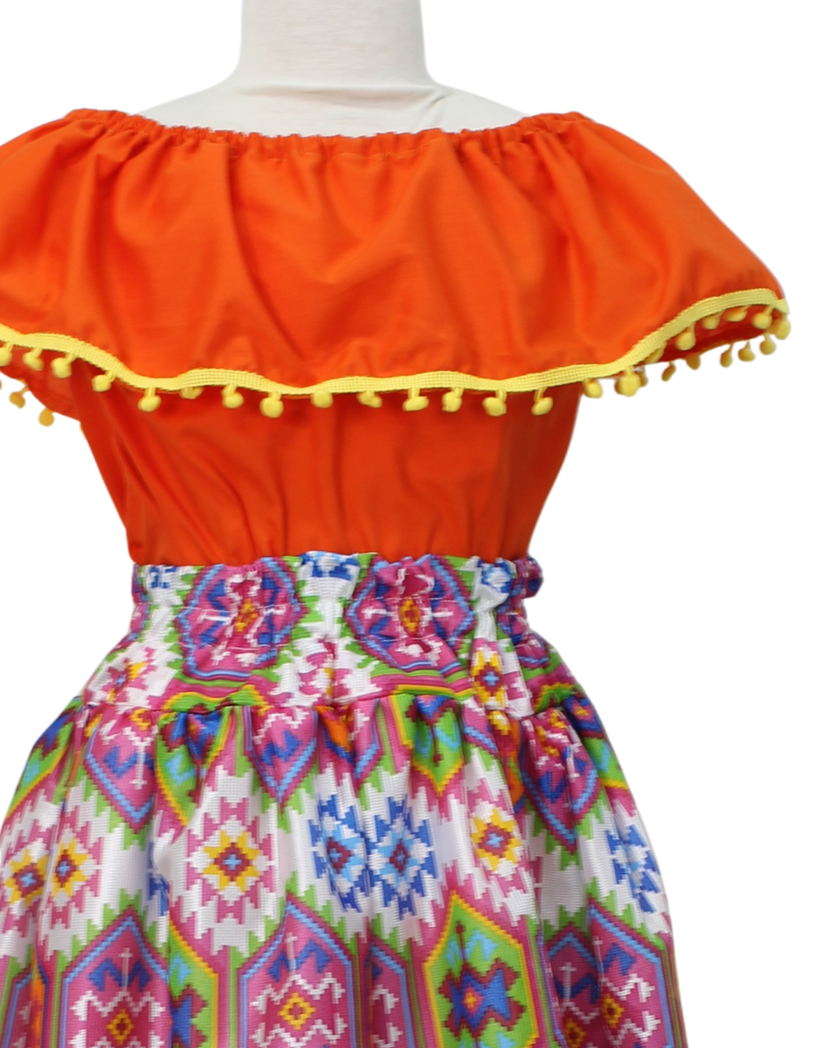 SET FALDA ADELITA CUADROS BLUSA CAMPESINA NARANJA POMPON AMARILLO
