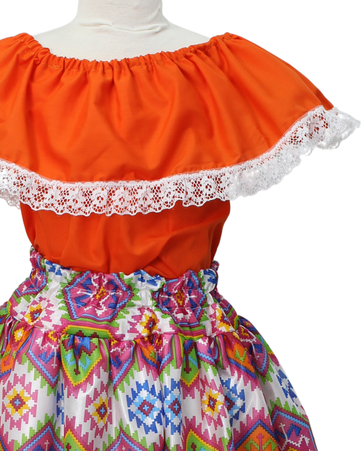 SET FALDA ADELITA CUADROS BLUSA CAMPESINA NARANJA ENCAJE BLANCO