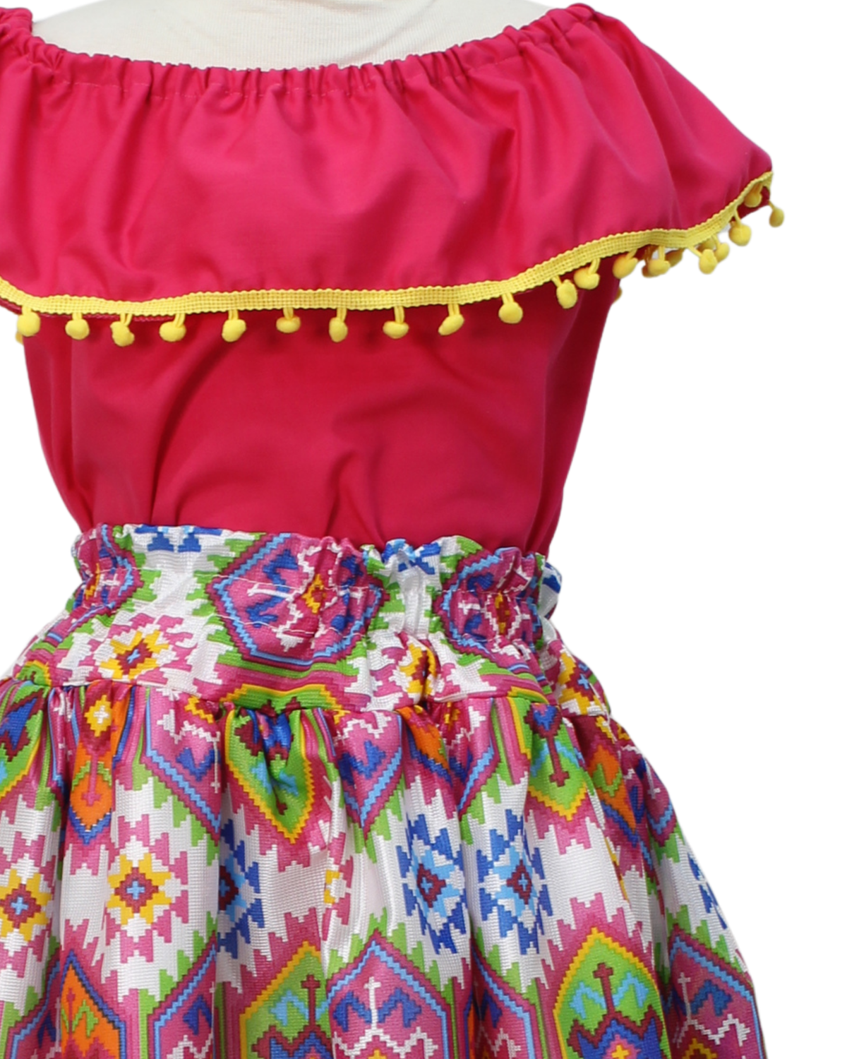 SET FALDA ADELITA CUADROS BLUSA CAMPESINA ROSA POMPON AMARILLO