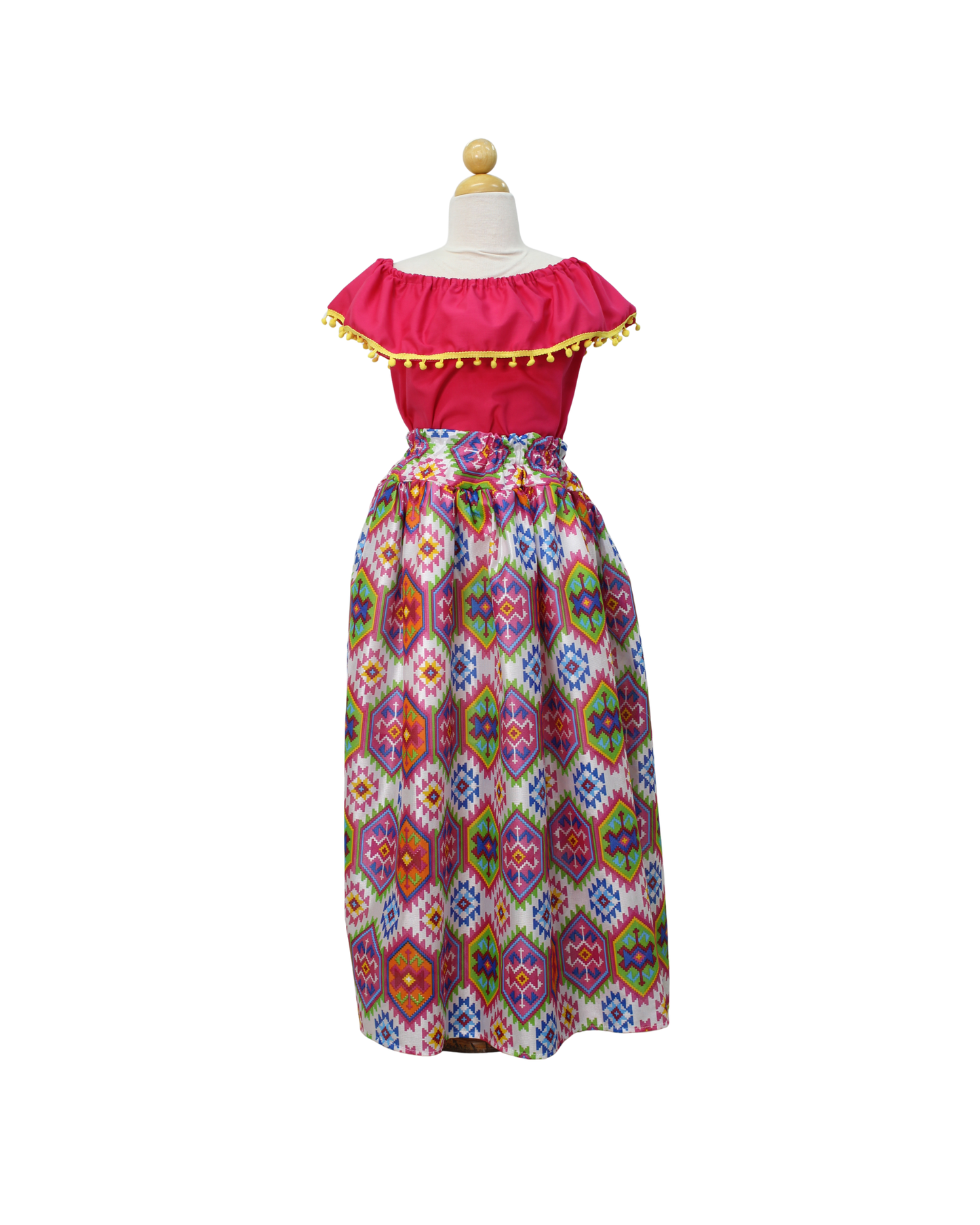 SET FALDA ADELITA CUADROS BLUSA CAMPESINA ROSA POMPON AMARILLO