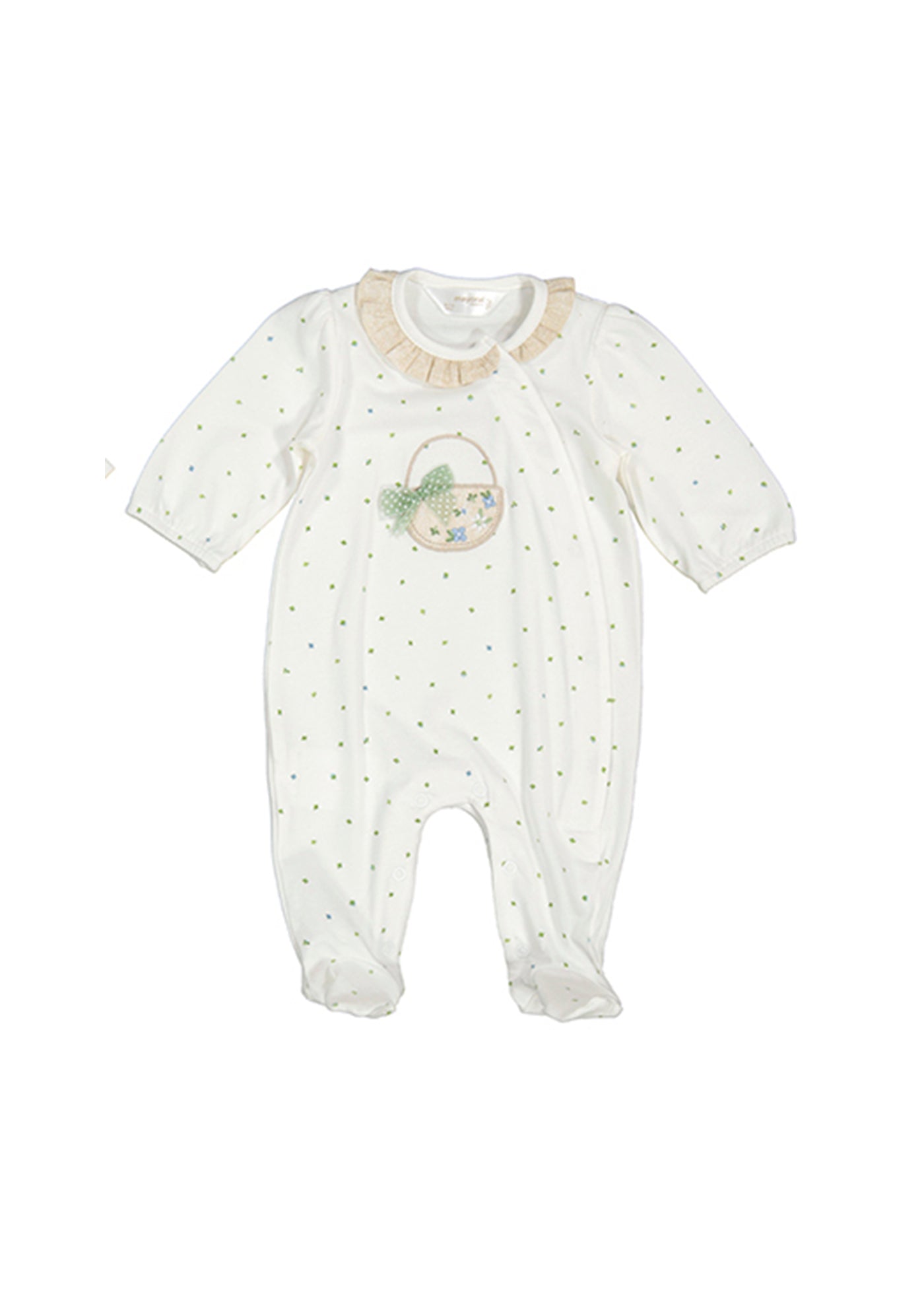 pelele algodón, color crudo con elementos verde eucalipto, para bebe