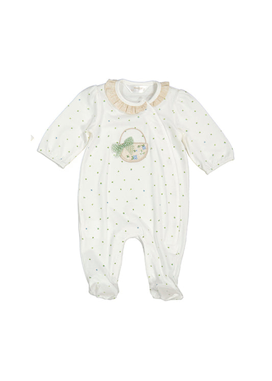 pelele algodón, color crudo con elementos verde eucalipto, para bebe