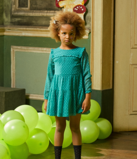 vestido plumeti, manga larga color verde agua