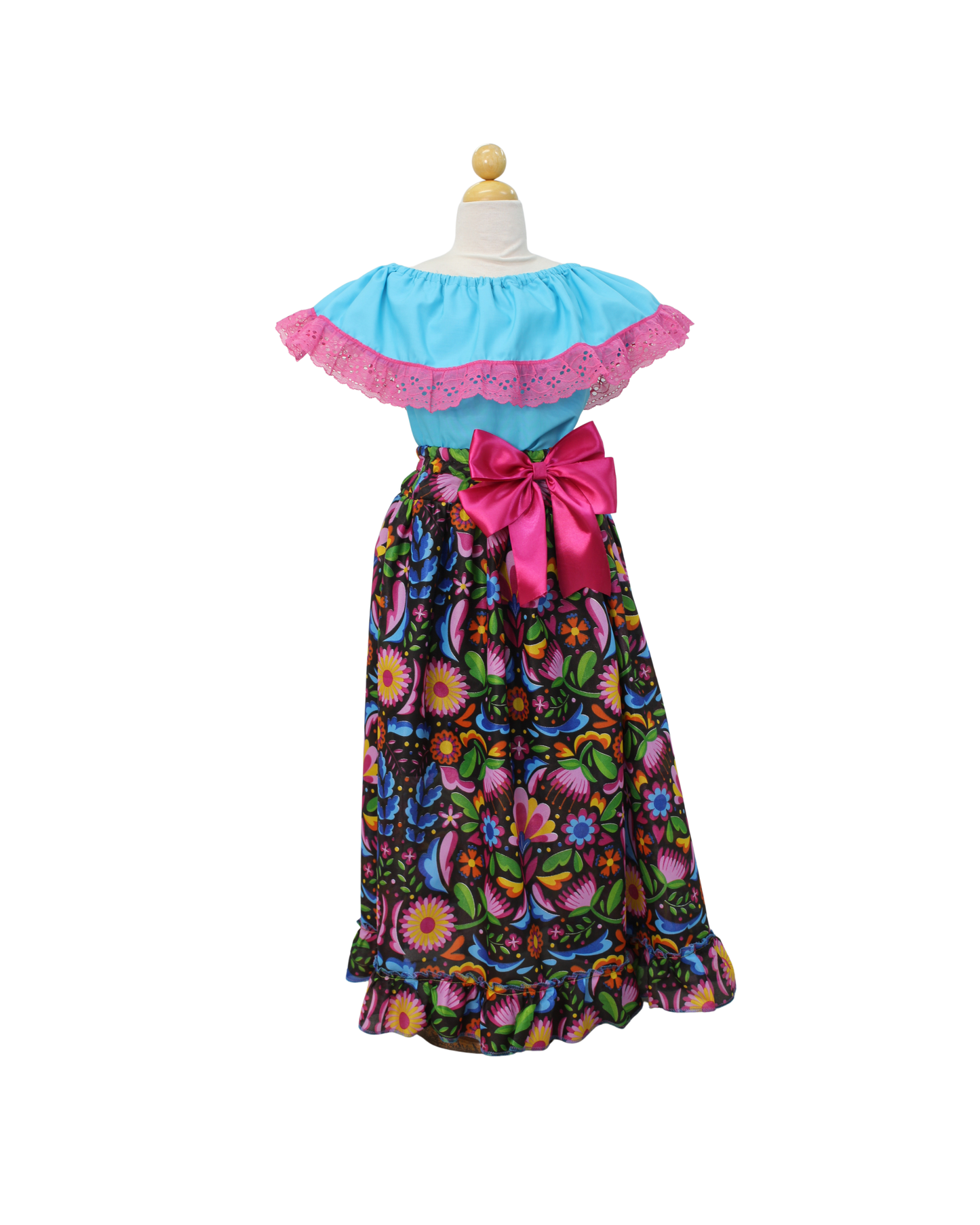 SET FALDA ADELITA FLORES BLUSA CAMPESINA AZUL ENCAJE ROSA