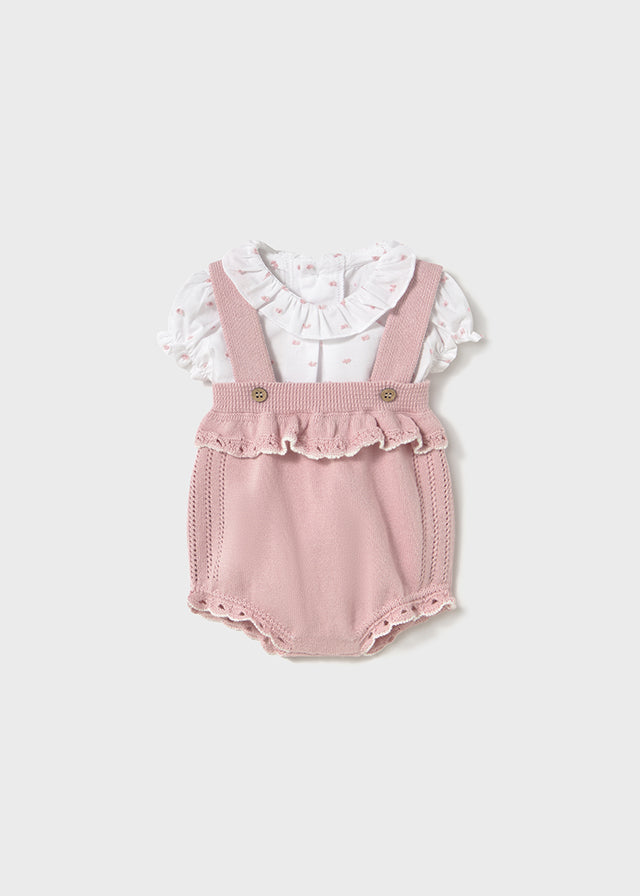 Conjunto peto tricot, y blusa, rosa sakura recién nacida