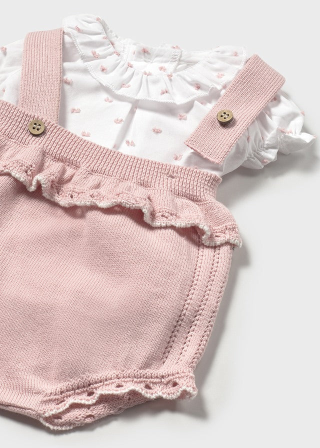 Conjunto peto tricot, y blusa, rosa sakura recién nacida