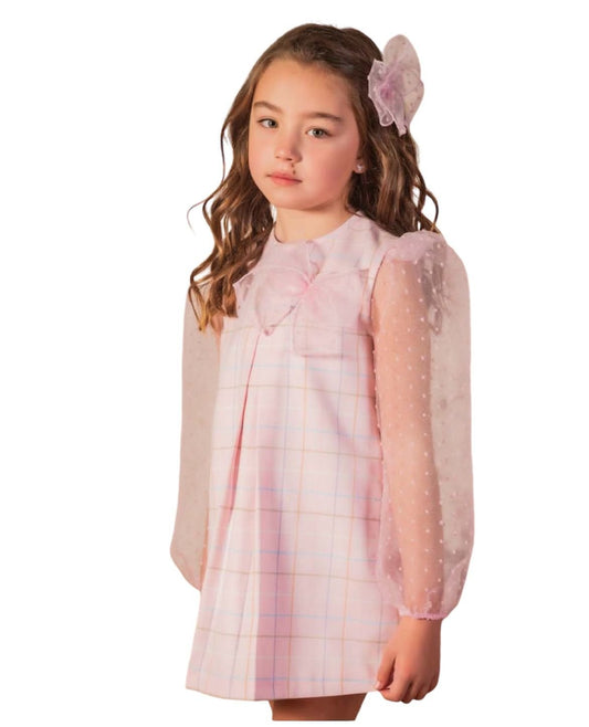 Vestido recto con mangas traslucidas de tul plumeti, rosa