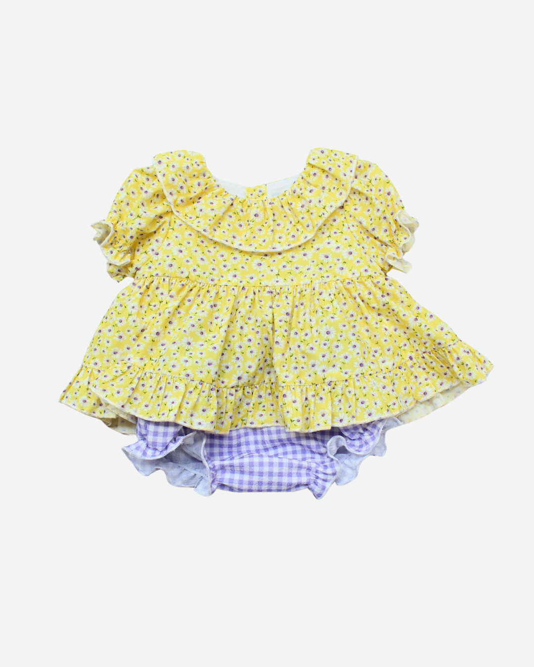conjunto vestido flores amarilla co cubre calzón, cuadros