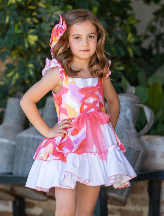 vestido lazada al frente, doble olan, amarillo y rojo