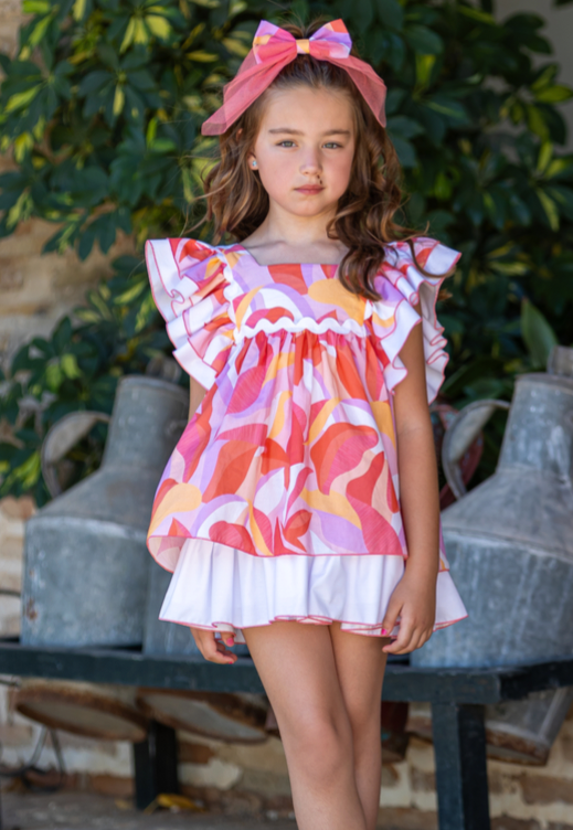 Vestido multicolor naranja y rojo con olanes