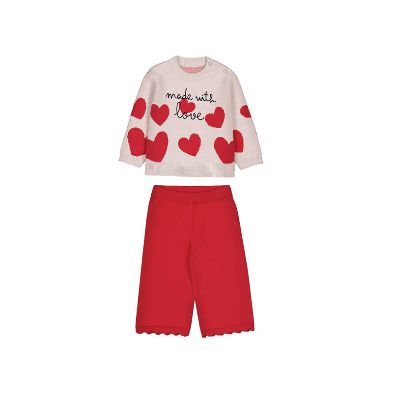 Conjunto pantalón y jersey corazones rojo y nuez