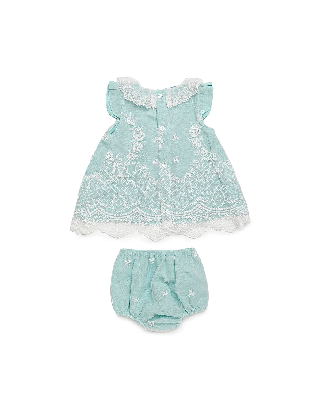 Vestido azul con tul bordado blanco