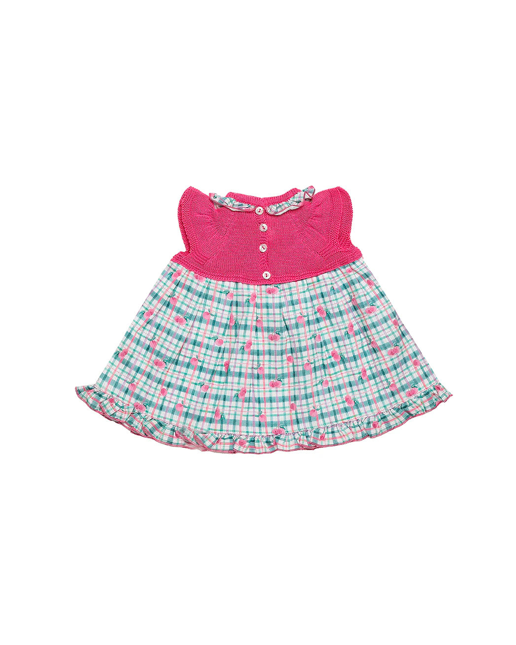 Vestido talle tejido color fresa falda a cuadros