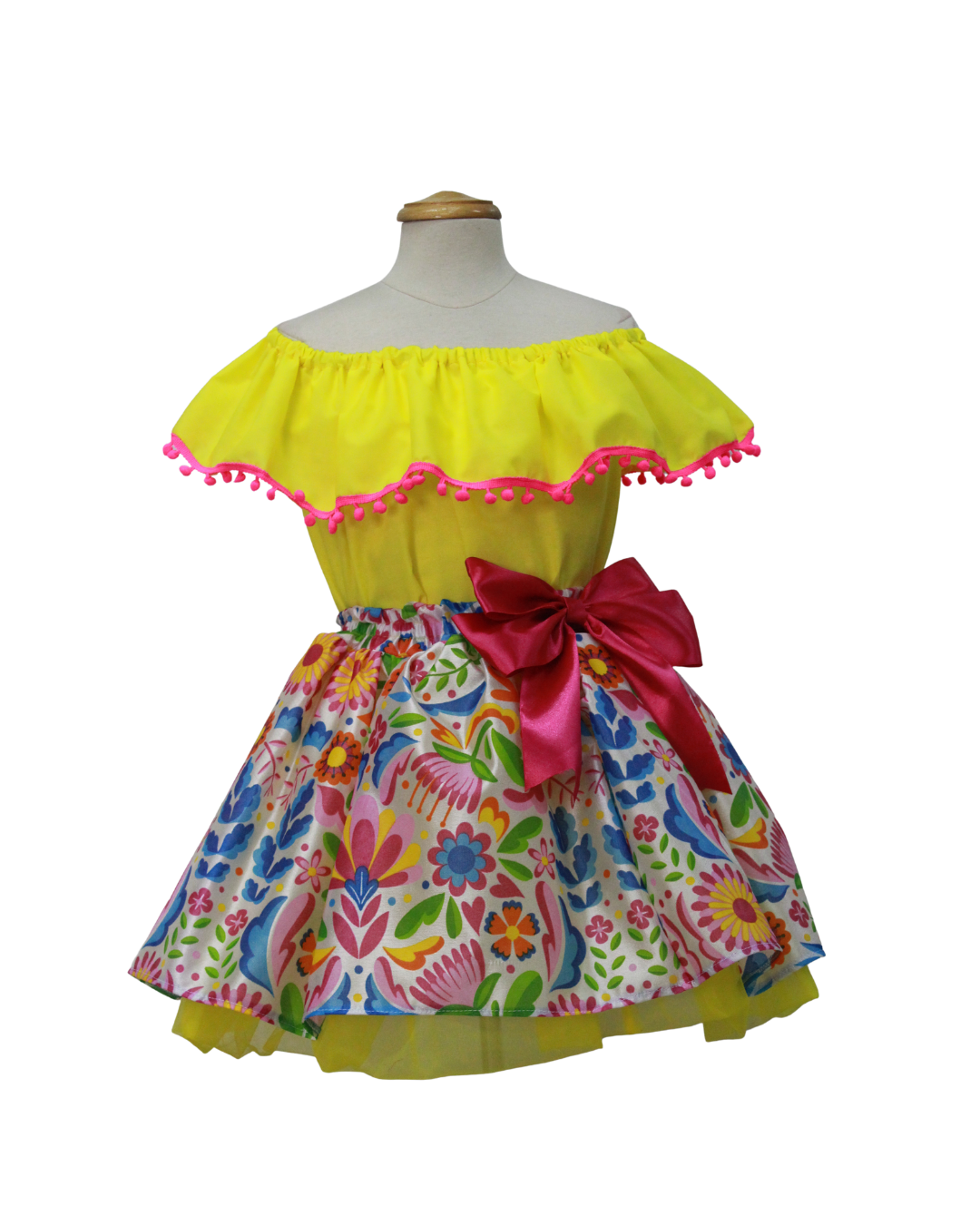 SET PATRIO TUTU CON BLUSA CAMPESINA AMARILLA POMPON ROSA, FALDA FLORES