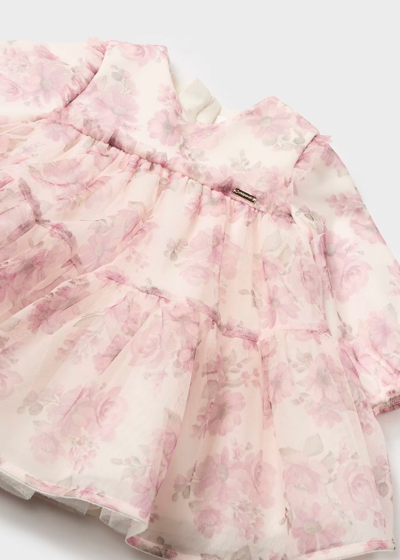 vestido manga larga tul, estampado floral