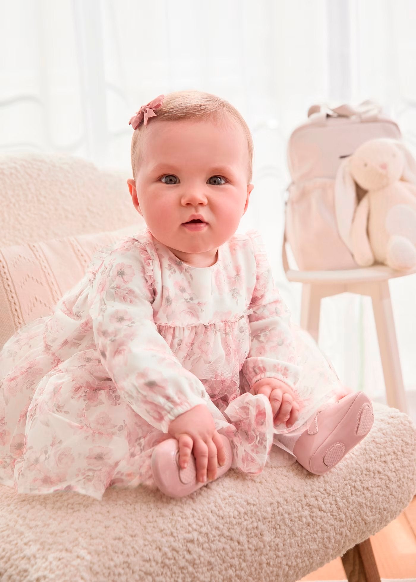 vestido manga larga tul, estampado floral