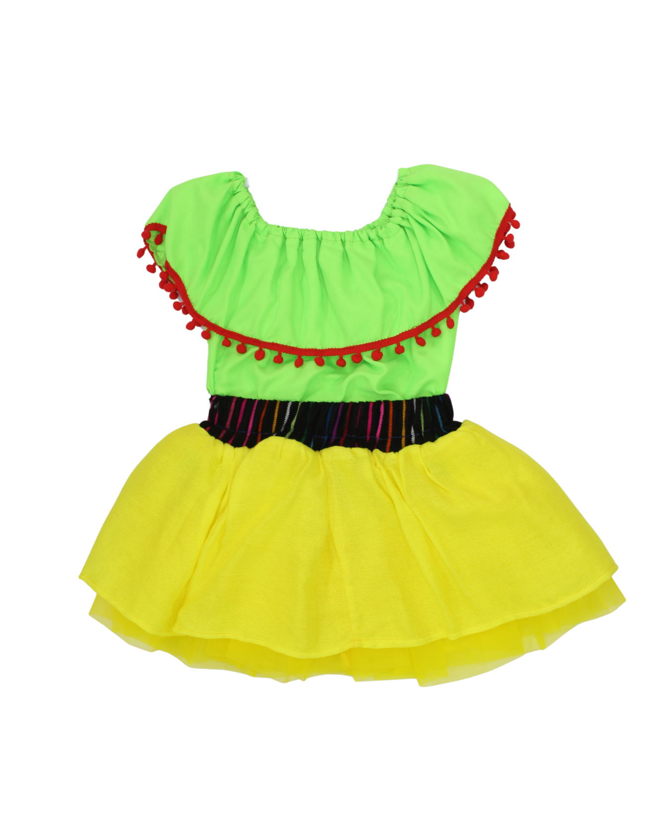 SET PATRIO TUTU CON BLUSA CAMPESINA VERDE POMPON ROJO, FALDA AMARILLA