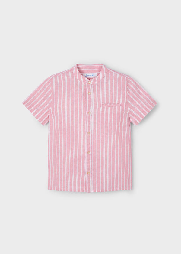 Camisa a rayas rosa manga corta, cuello mao