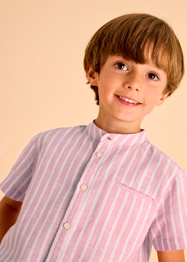 Camisa a rayas rosa manga corta, cuello mao