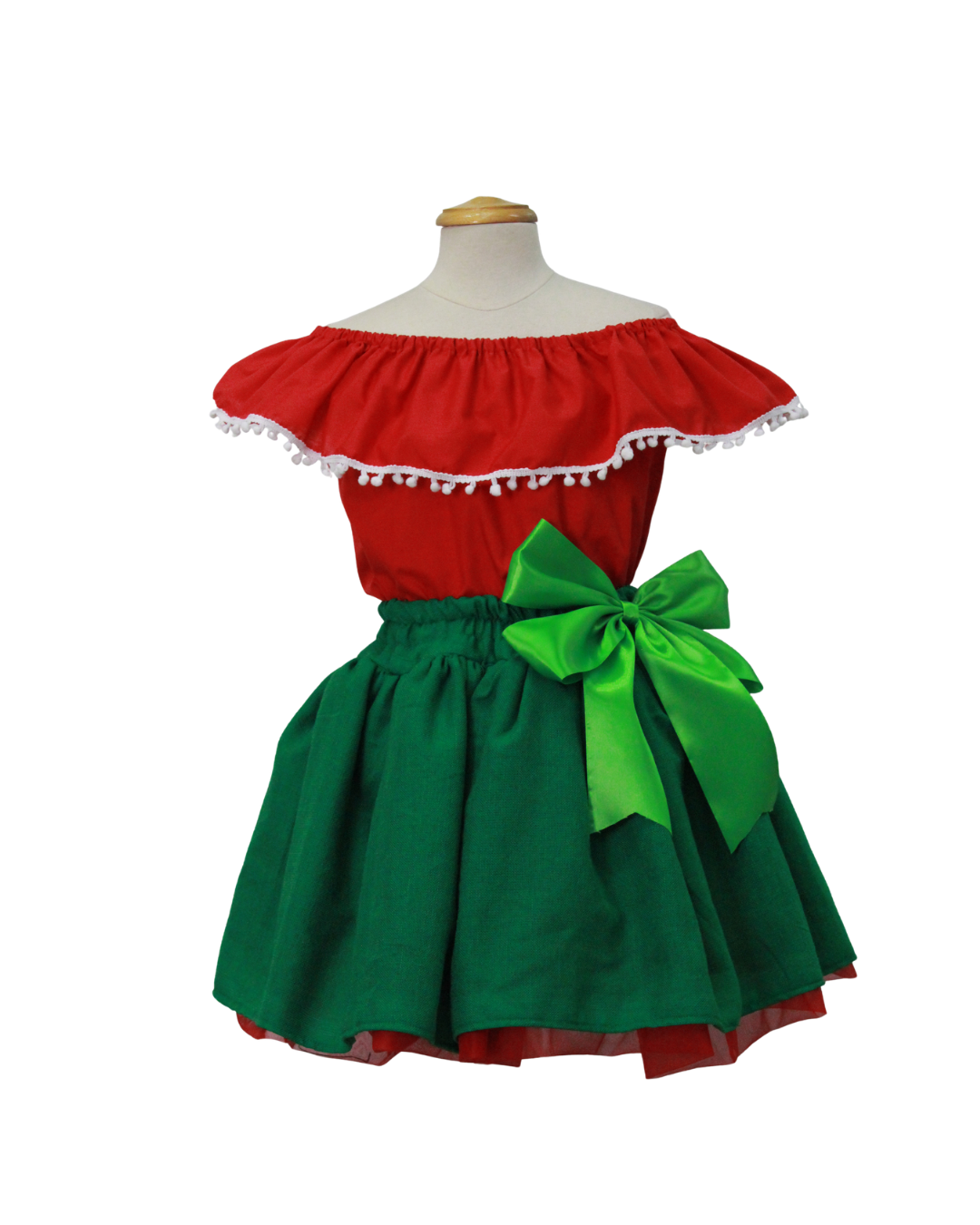 SET PATRIO TUTU CON BLUSA CAMPESINA ROJA POMPON ROSA, FALDA VERDE CAMBAYA