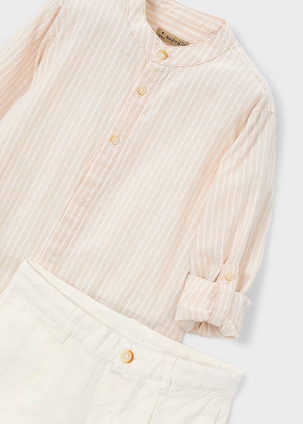 Conjunto de bermuda y camisa avena con lino de manga larga