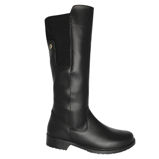 bota alta de piel negra, detalle trasero de hexagonos