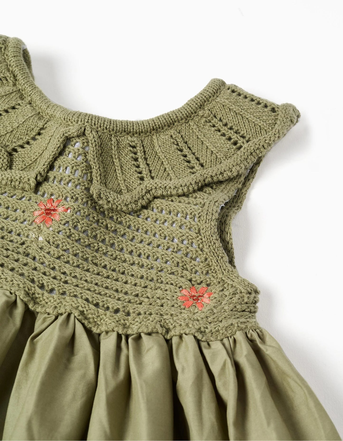 Vestido combinado con flores bordadas para bebé niña, verde oscuro