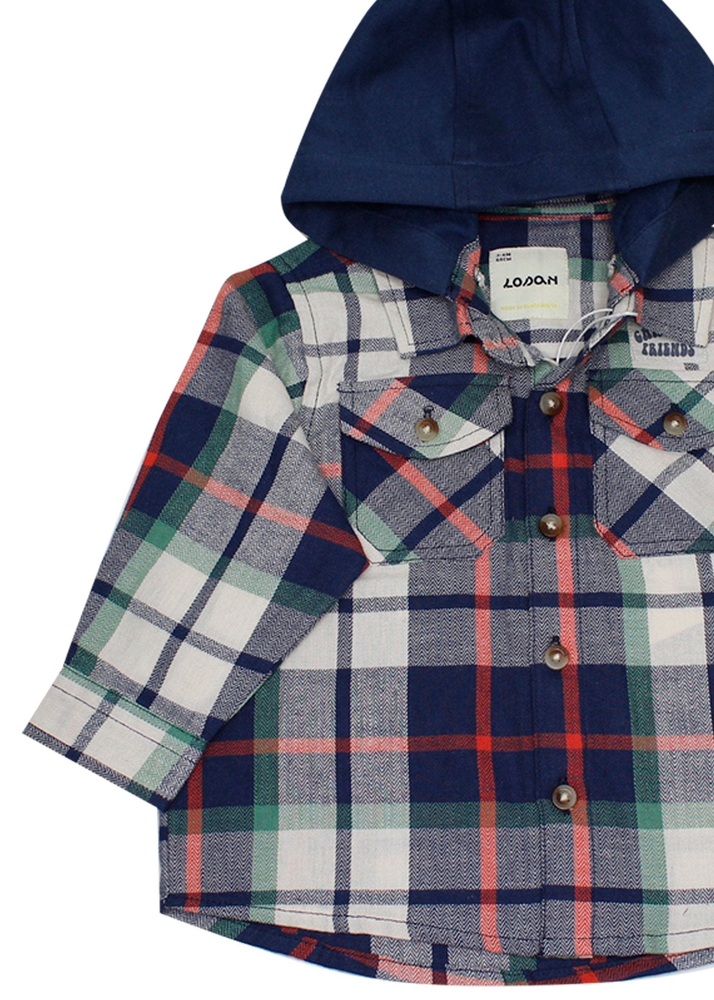 set pantalón denim, camisa a cuadros con gorro, losan