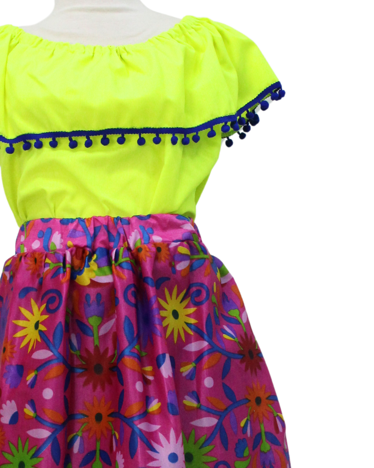 SET FALDA ADELITA FLORES BLUSA CAMPESINA AMARILLA POMPON AZUL