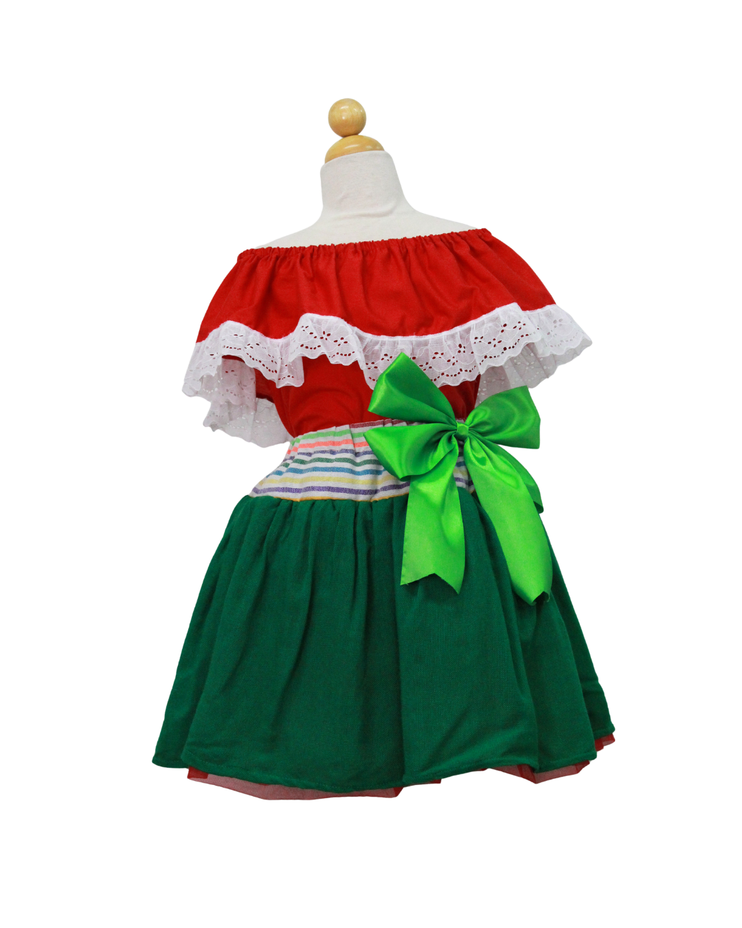 SET PATRIO TUTU CON BLUSA CAMPESINA ROJA ENCAJE BLANCO, FALDA CAMBAYA VERDE