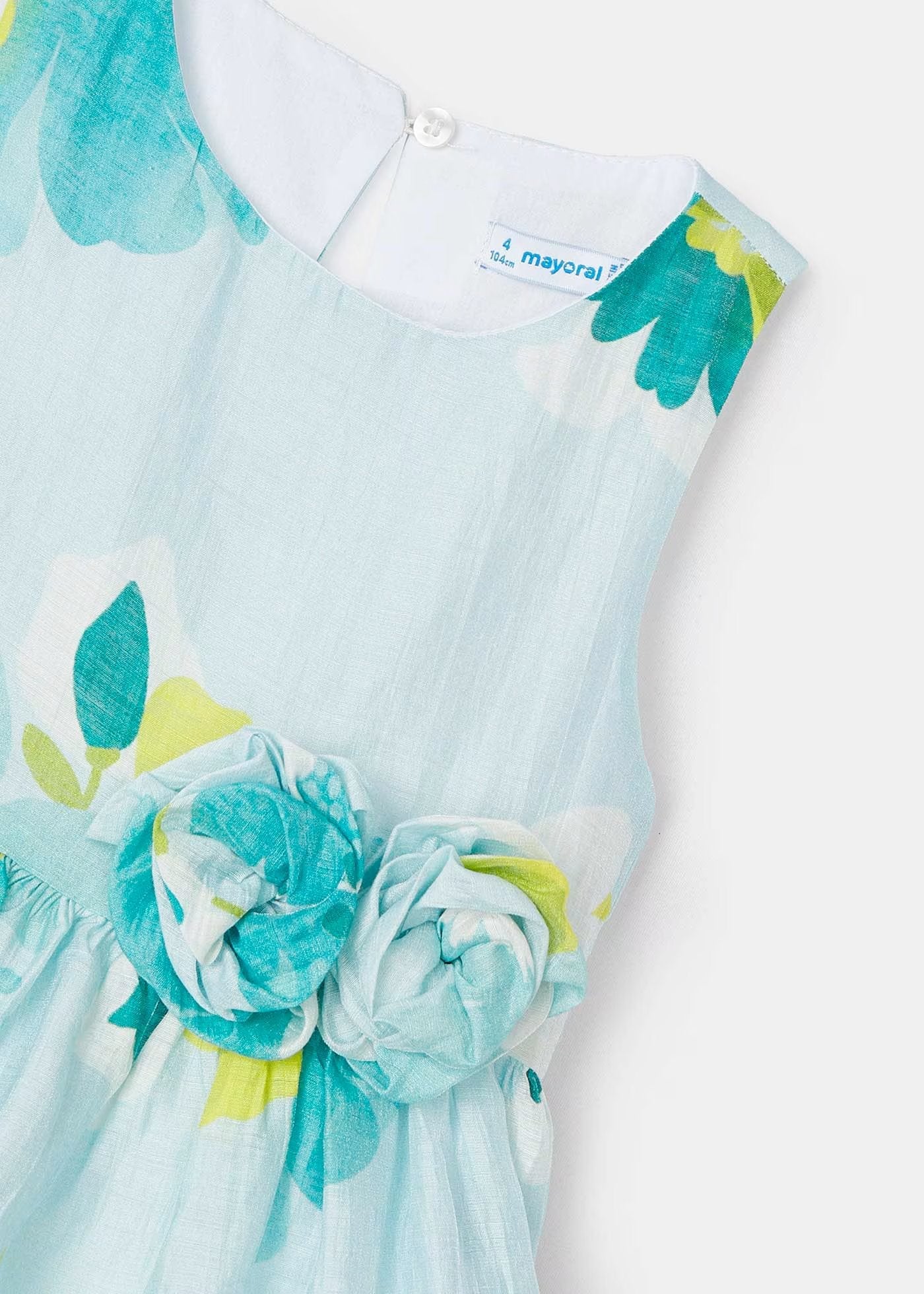 vestido agata saten verde anis con flores, mayoral