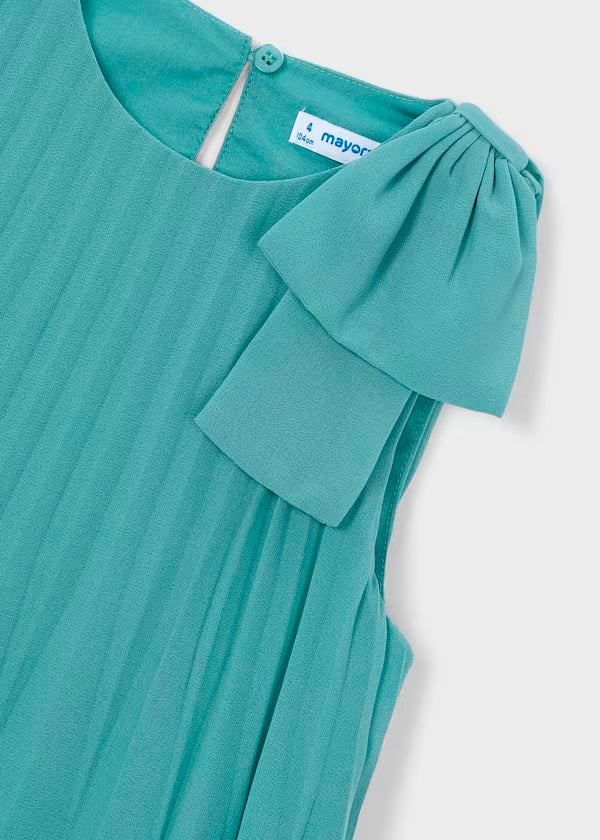 Vestido plisado lazo en hombro, verde lago