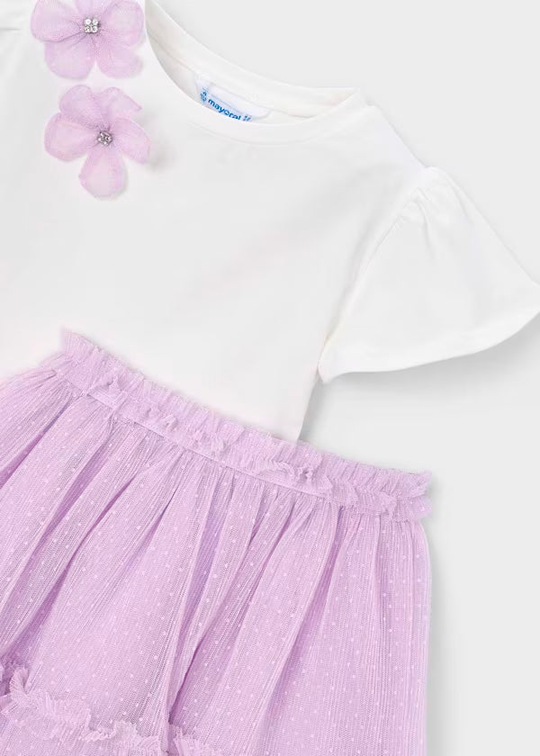 Conjunto falda tul lavanda y camiseta blanco