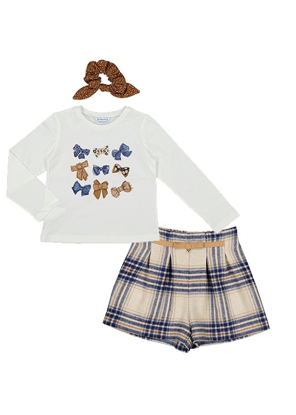 set blusa blanca estampado moños y short a cuadros café azul, mayoral