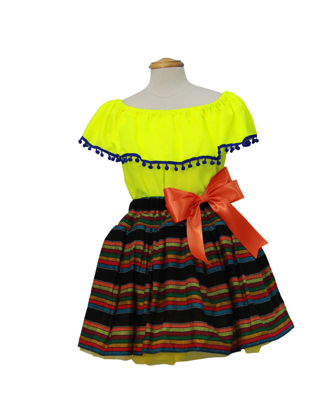 SET PATRIO TUTU CON BLUSA CAMPESINA AMARILLA POMPON AZUL, FALDA CAMBAYA RAYAS